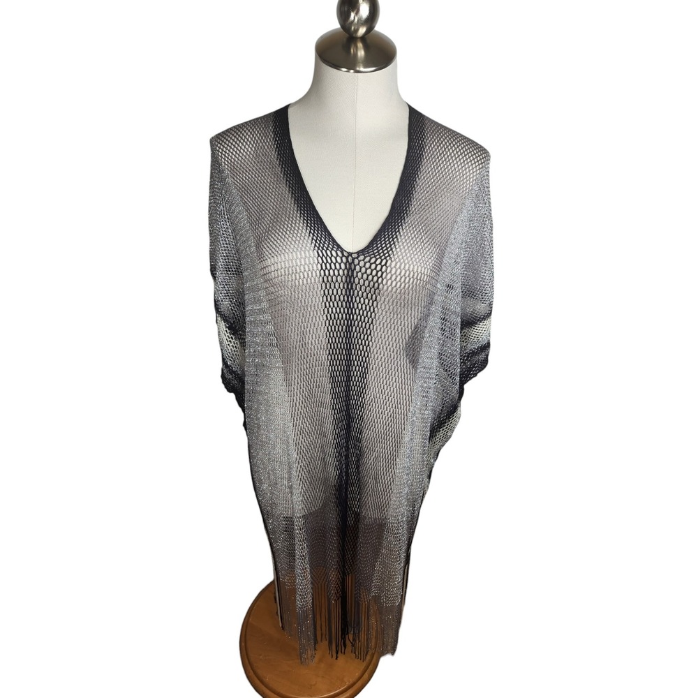 Pilyq Madagascar‎ Poncho Cover Up M/L Stardust Black Silver Open Knit Fringe NEW